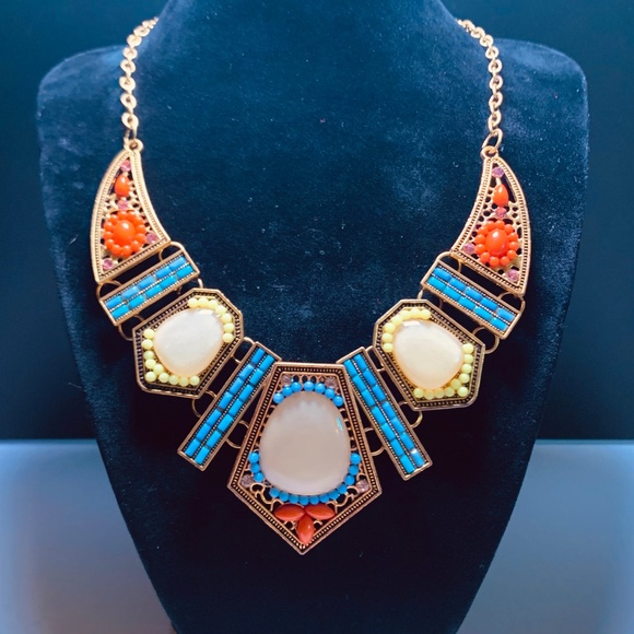 Boho Tribal Geometric Southwestern mosaic bib style red blue gold tone necklace - Picture 1 of 12